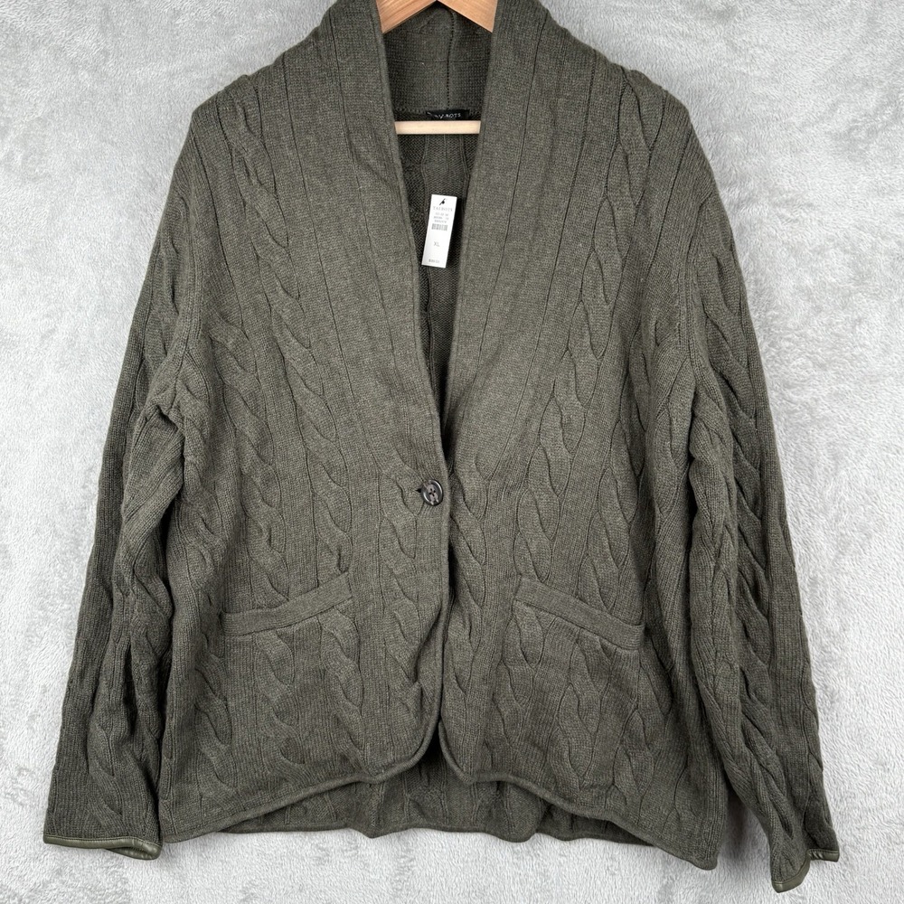 Talbots Cardigan Sweater Women XL Olive Green L/S Cable Knit Pockets Classic NWT